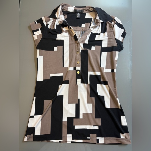 Alfani Brown Black Graphic Button Down cap sleeve vintage inspired Shirt size XS - Picture 2 of 8